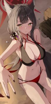  absurdres alternate_costume animal_ear_fluff animal_ears bikini blue_archive breasts cleavage eyeshadow fox_ears fox_girl fox_tail halo highres large_breasts long_hair looking_at_viewer makeup multi-strapped_bikini_bottom nail_polish o-ring o-ring_bikini red_eyeshadow red_halo sitting smile swimsuit tail udonpan wakamo_(blue_archive) yellow_eyes 