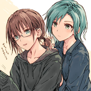  2girls aqua_eyes aqua_hair bang_dream! bang_dream!_girls_band_party! black_hoodie blue_jacket brown_hair collarbone collared_jacket commentary green_eyes hikawa_hina hood hoodie jacket long_sleeves low_ponytail medium_hair multiple_girls open_clothes open_jacket playing_with_another's_hair ponytail short_ponytail simple_background speech_bubble translation_request yamato_maya yellow_background yukitake_(bullfalk) 