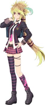  1girl ahoge artist_request asymmetrical_legwear bag black_boots black_necktie black_thighhighs blonde_hair boots breasts brown_hair collarbone dyed_ahoge full_body game_cg gradient_hair green_hair hand_on_own_hip highres holding holding_bag large_breasts long_hair looking_at_viewer milla_maxwell multicolored_hair navel necktie official_alternate_costume official_art partially_unbuttoned pink_skirt print_necktie red_eyes school_bag school_uniform skirt solo standing striped_clothes striped_thighhighs tales_of_(series) tales_of_asteria tales_of_xillia thighhighs third-party_source transparent_background very_long_hair 