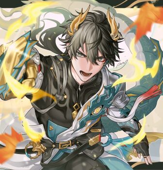  1boy angry arm_up armor black_gloves black_hair black_pants black_shirt blurry blurry_foreground brown_background commentary_request dan_heng_(honkai:_star_rail) dan_heng_(permansor_terrae)_(honkai:_star_rail) dragon_boy dragon_horns dragon_tail eyeshadow fingerless_gloves fire gloves green_eyes highres honkai:_star_rail honkai_(series) horns jacket junjam long_hair looking_at_viewer makeup male_focus mandarin_collar pants ponytail red_eyeshadow shirt shouting signature solo tail two-tone_background white_background white_jacket 