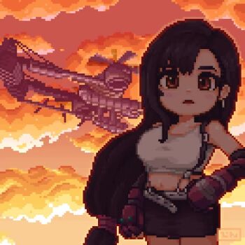  1girl aircraft airship animated bare_shoulders belt black_hair black_skirt blinking breasts cloud cloudy_sky commentary_request cowboy_shot crop_top denchan earrings final_fantasy final_fantasy_vii gloves hand_on_own_hip highwind jewelry large_breasts long_hair looking_at_viewer looping_animation low-tied_long_hair materia midriff navel orange_sky outdoors pixel_art red_eyes red_gloves skirt sky solo sunset suspender_skirt suspenders tagme tank_top tifa_lockhart video white_tank_top 