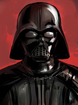  1boy absurdres armor black_armor box_wonderland chain commentary darth_vader english_commentary helmet highres looking_at_viewer portrait red_background simple_background solo star_wars 