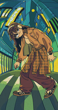  1girl absurdres black-framed_eyewear black_eyes black_shoes breasts brown_cardigan brown_hair brown_jacket brown_pants cardigan cardigan_around_waist closed_mouth clothes_around_waist commentary_request crosswalk day expressionless glasses headphones highres jacket korean_commentary leaning_forward long_hair looking_at_viewer margare medium_breasts original outdoors pants round_eyewear shoes sneakers solo unmoving_pattern 