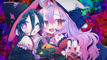 absurdres alice_hoshihime black_hair hat highres kamihoshi_project mekziro oni oni_girl purple_hair red_eyes syd_karasukami unusual_pupils virtual_youtuber witch witch_hat