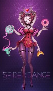  1girl arthropod_girl boots breasts candlefish cleavage donut extra_arms extra_eyes fangs food garter_straps heart highres insect_girl large_breasts monster_girl muffet one_eye_closed pantyhose platform_footwear puffy_sleeves shiny_clothes spider_girl tea undertale utdr_(toby_fox) wink 