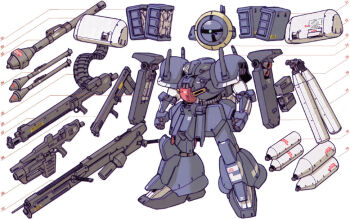 1980s_(style) ammunition_belt ammunition_box bazooka_(gundam) beam_rifle cable commentary energy_gun english_commentary exposed_internal_machinery gun gundam gundam_sentinel gunpod katoki_hajime lineart machine_gun magazine_scan mecha mecha_focus missile missile_pod mobile_suit no_humans official_art oldschool one-eyed one-eyed_mecha panzerfaust promotional_art radome retro_artstyle robot scan science_fiction shield title traditional_media weapon xeku_eins