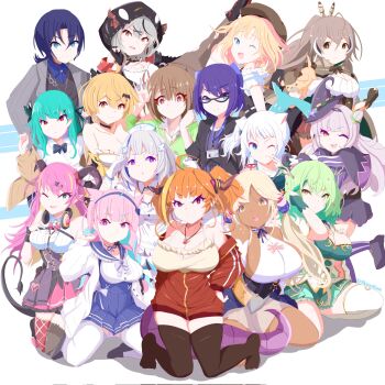  1girl 6+girls a-chan_(1st_costume)_(hololive) a-chan_(hololive) ahoge amane_kanata amane_kanata_(nurse) animal_ears arched_bangs bat_hair_ornament beret black-framed_eyewear black_gloves black_hair black_hat black_thighhighs blonde_hair blue_bow blue_eyes blue_hair blue_shirt blue_skirt blunt_bangs bob_cut bow breasts brown_capelet brown_cloak brown_corset brown_eyes brown_hair bubba_(watson_amelia) capelet cardigan cat_ears ceres_fauna ceres_fauna_(1st_costume) cloak closed_mouth collared_shirt colored_inner_hair commentary corset dark-skinned_female dark_skin demon_girl demon_horns detective dragon_girl dragon_horns dress english_commentary erikuukun feather_hair_ornament feathers fingerless_gloves fins fish_tail gawr_gura gawr_gura_(casual) glasses gloves green_cardigan green_eyes grey_hair grey_jacket grey_shirt hair_bow hair_bun hair_ornament hairclip harusaki_nodoka harusaki_nodoka_(1st_costume) hat highres hiodoshi_ao hiodoshi_ao_(1st_costume) hololive hololive_dev_is hololive_english horns id_card jacket kemonomimi_mode kiryu_coco kiryu_coco_(loungewear) large_breasts long_hair long_sleeves looking_at_viewer lowleg lowleg_skirt mano_aloe medium_breasts minato_aqua minato_aqua_(sailor) mole mole_under_mouth multicolored_hair multiple_girls murasaki_shion murasaki_shion_(1st_costume) nanashi_mumei nanashi_mumei_(1st_costume) nurse nurse_cap office_lady official_alternate_costume one_side_up open_mouth ponytail purple_eyes purple_hair red_jacket sakamata_chloe sakamata_chloe_(1st_costume) shark_girl shark_hair_ornament shark_tail shirt short_hair side_up_bun simple_background single_hair_intake skirt small_breasts smile streaked_hair striped_clothes striped_shirt tail thighhighs torn_clothes torn_thighhighs tsukumo_sana tsukumo_sana_(1st_costume) twintails two-tone_sweater uruha_rushia uruha_rushia_(school_uniform) vertical-striped_clothes vertical-striped_shirt very_long_hair virtual_graduation_commemoration virtual_youtuber watson_amelia watson_amelia_(street_casual) white_background white_gloves white_hair white_shirt yellow_eyes yozora_mel yozora_mel_(1st_costume) zettai_ryouiki 