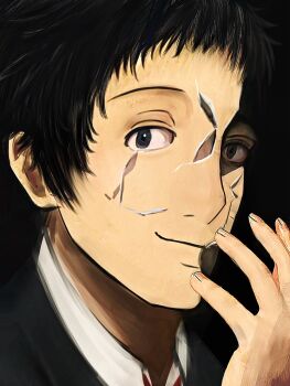  1boy 404_sadoyama adachi_tooru arm_up black_background black_hair black_jacket broken_mask closed_mouth collared_shirt commentary_request crack cracked_kawaii_mask grey_eyes highres jacket male_focus mask persona persona_4 portrait shirt short_hair smile solo suit_jacket white_shirt wing_collar 