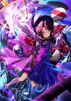  1girl :d a_world_underneath black_cloak black_hat black_shoes blush bow bow_legwear brown_eyes brown_hair buttons cloak clothes_writing commentary gensokyo hat hat_bow high_collar highres holding long_sleeves low_twintails medium_hair nettian51 open_mouth paper plaid_clothes plaid_skirt plaid_vest purple_skirt purple_vest quimbaya_airplane red-framed_eyewear road_sign runes school_uniform shirt shoes sign skirt skull smile socks solo tokyo_(city) torii touhou twintails usami_sumireko v vest white_bow white_shirt white_socks 