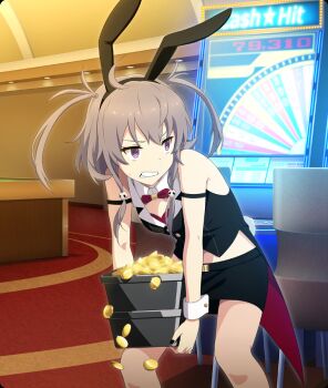  1girl ahoge animal_ears armband bare_shoulders black_armband black_hairband black_nails black_skirt black_vest bow bowtie box brown_hair casino clenched_teeth coattails coin dot_nose english_text fake_animal_ears game_cg gold_coin hair_ornament hairband holding holding_box indoors looking_to_the_side machine midriff official_art pencil_skirt purple_eyes rabbit_ears red_bow red_bowtie shichinosato_kofuki sidelocks skirt skull_hair_ornament slouching small_sweatdrop solo squatting teeth third-party_source toji_no_miko toji_no_miko:_kizamishi_issen_no_tomoshibi twintails vest white_wrist_cuffs wrist_cuffs 