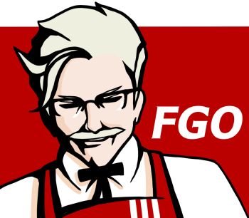 1boy ahoge apron bow bowtie closed_eyes colonel_sanders commentary_request crokase facial_hair fate/grand_order fate_(series) glasses grey_hair grin james_moriarty_(archer)_(fate) kfc male_focus mustache no_bangs old old_man parody posterized red_background smile solo white_background