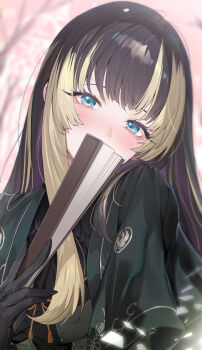  1girl black_gloves black_hair blue_eyes blunt_bangs blurry blurry_background blush capelet commentary_request covering_own_mouth dress folded_fan folding_fan frilled_dress frills gloves green_capelet green_dress grey_hair hand_fan highres hime_cut holding holding_fan hololive hololive_dev_is juufuutei_raden juufuutei_raden_(1st_costume) kakage long_hair looking_at_viewer multicolored_hair outdoors solo straight_hair streaked_hair two-tone_hair virtual_youtuber yatagarasu 