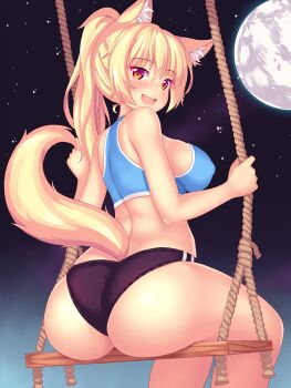 1girl animal_ear_fluff animal_ears ass bare_shoulders blonde_hair blush breasts buruma cat_ears cat_tail covered_erect_nipples female_focus fox_ears fox_tail from_behind full_moon highres huge_ass indie_virtual_youtuber large_breasts long_hair looking_at_viewer moon nottytiffy on_swing open_mouth original ponytail red_eyes shiny_skin sideboob sitting sky smile solo sports_bra star_(sky) starry_sky swing tail tank_top tiffy_(nottytiffy) virtual_youtuber rating:Questionable score:79 user:armorcrystal