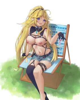  1girl ashes_(artorios0603) belt black_gloves black_thighhighs blonde_hair blue_shorts breasts chair chinese_commentary commentary condom crystal_necklace cum elf garter_straps gloves grass harness highres holding holding_condom large_breasts leg_belt long_hair navel nipples o-ring o-ring_harness open_mouth parted_bangs pointy_ears ponytail princess_connect! purple_eyes short_shorts shorts sidelocks single_thighhigh sitting smile solo stomach thigh_belt thigh_strap thighhighs used_condom yukari_(camp)_(princess_connect!) yukari_(princess_connect!) 