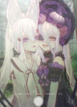  2girls absurdres animal_ears dress eyepatch flower fox_ears hair_flower hair_ornament headdress henya_the_genius highres indie_virtual_youtuber japanese_clothes kimono long_hair multiple_girls phase_connect purple_hair taku_artworks tenma_maemi virtual_youtuber white_hair yellow_eyes 