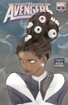  1girl absurdres artist_name avengers_(series) black_bodysuit black_tears bodysuit brown_hair bug captain_marvel_(marvel) centipede comic_cover company_name copyright_logo copyright_name cover dark-skinned_female dark_skin earrings english_text extra_eyes grey_background hair_bun hair_pulled_back highres horror_(theme) jewelry logo marvel monica_rambeau monsterification multicolored_bodysuit no_pupils official_art peach_momoko portrait signature solo superhero_costume white_bodysuit 