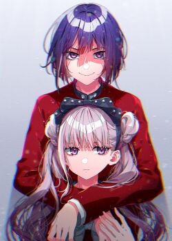  >:) 1boy 1girl arms_around_neck black_bow black_hairband bow bowtie brother_and_sister chromatic_aberration closed_mouth commentary_request double_bun film_grain grey_background hair_bow hair_bun hairband highres jacket long_hair long_sleeves pink_eyes pink_hair purple_hair red_jacket red_shirt sanpaku sgawarananto shirt short_hair siblings single_sidelock smile the_hundred_line_-last_defense_academy- tsukumo_ima tsukumo_kako tsurime twins twintails v-shaped_eyebrows white_bow white_bowtie 