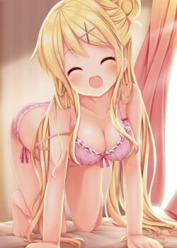 1girl :d ^_^ all_fours bare_shoulders barefoot bed_sheet blonde_hair blush bra breasts cleavage closed_eyes collarbone commentary_request curtains facing_viewer female_focus frilled_bra frills hair_bun hair_ornament hairclip highres kin-iro_mosaic kujou_karen long_hair medium_breasts minato_ojitan open_mouth panties pink_bra pink_panties side_bun single_hair_bun single_side_bun smile solo strap_slip underwear underwear_only rating:Sensitive score:119 user:danbooru