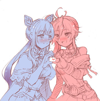  2girls :d animal_ears antenna_hair arm_at_side assault_lily belt blunt_bangs blush braid breasts buttons capelet closed_mouth commentary_request cropped_jacket crown_braid eye_contact fake_animal_ears hair_between_eyes hand_up heads_together heart heart_hands heart_hands_duo long_hair long_sleeves looking_at_another medium_breasts multiple_girls multiple_monochrome nagasaka_maho neck_ribbon nose_blush off_shoulder open_mouth ribbon santouka school_uniform shirt side-by-side side_braids side_ponytail simple_background skirt sleeveless sleeveless_shirt smile tetsukawa_toa underbust upper_body very_long_hair white_background yuri yurigaoka_girls_academy_school_uniform 