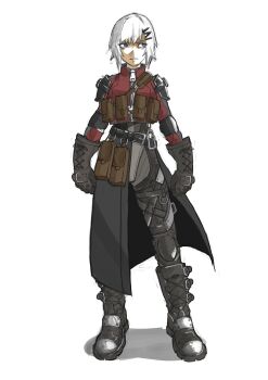  1girl absurdres ammunition_pouch aqua_eyes armor belt black_bodysuit black_coat bodysuit bodysuit_under_clothes boots chest_rig coat cropped_jacket cross-laced_clothes cross-laced_gloves doghunt14716979 gloves hair_ornament hairclip hashtag-only_commentary highres jacket jacket_over_coat knee_guards lace-up_boots layered_clothes marie_(peripeteia) official_alternate_costume open_clothes open_coat painterly peripeteia pouch red_jacket serious short_hair shoulder_armor sideways_glance simple_background sketch solo standing steel-toe_boots straight-on trench_coat white_background white_hair 