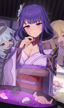  3girls absurdres bad_food blonde_hair blue_eyes blunt_bangs blush breasts bridal_gauntlets cleavage clenched_teeth clothing_cutout commentary cooking cooking_pot dress embarrassed empty_eyes food fox_girl genshin_impact hair_between_eyes hair_ornament head_tilt highres hilichurl_(genshin_impact) indoors japanese_clothes jiu_(jiu13131) kimono large_breasts long_hair looking_down lumine_(genshin_impact) multiple_girls nervous off_shoulder open_mouth orange_eyes paimon_(genshin_impact) poison purple_eyes purple_kimono raiden_shogun red_sash sash shadow short_hair shoulder_cutout standing sweatdrop teeth upper_body white_dress white_hair yae_miko yae_miko_(fox) 