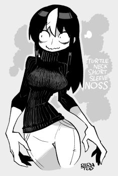  1girl alternate_costume bags_under_eyes black_hair breasts closed_mouth contrapposto denim english_text glasgow_smile greyscale highres jaggy_lines jeans large_breasts long_fingers long_hair looking_at_viewer monochrome multicolored_hair noss_&amp;_zakuro noss_(rariatto) pants rariatto_(ganguri) ribbed_sweater smile solo streaked_hair sweater turtleneck turtleneck_sweater vampire wavy_mouth white_hair  rating:General score:10 user:danbooru