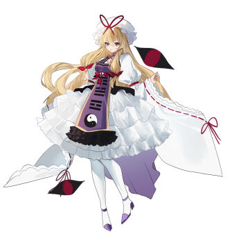  1girl 2022mmk absurdres blonde_hair bow breasts chinese_commentary commentary_request dress frilled_dress frilled_sleeves frills full_body gap_(touhou) hair_bow hat hat_ribbon high_heels highres large_breasts long_sleeves looking_at_viewer mob_cap pantyhose purple_eyes purple_shoes purple_tabard red_bow ribbon ribbon-trimmed_sleeves ribbon_trim shoes solo tabard touhou white_dress white_pantyhose wide_sleeves yakumo_yukari yin_yang yin_yang_print 