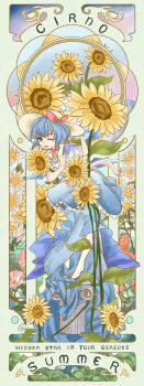 1girl absurdres alternate_costume blue_dress blue_eyes blue_hair bow bowtie cirno commentary_request detached_wings dress emloste english_text flower flower_request frilled_dress frills full_body hat hat_bow highres ice ice_wings looking_at_viewer one_eye_closed open_mouth pink_flower red_bow red_bowtie red_flower short_sleeves smile solo standing sunflower touhou white_flower white_hat wings yellow_flower 