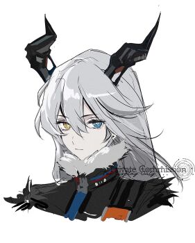  1girl artist_request black_coat black_fur black_horns chinese_commentary closed_mouth coat commentary_request commission expressionless fur-trimmed_coat fur_trim grey_background grey_fur grey_hair hair_between_eyes heterochromia highres horns long_hair looking_at_viewer shade simple_background solo star-shaped_pupils star_(symbol) sunbringer_(zenless_zone_zero) symbol-shaped_pupils upper_body zenless_zone_zero 