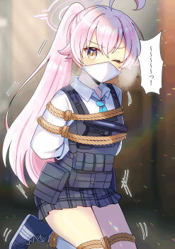  1girl ahoge arms_behind_back bdsm black_skirt blue_archive blue_necktie blue_shoes blurry blurry_background bondage bound bulletproof_vest collared_shirt commentary_request commission gag gagged halo highres hoshino_(armed)_(blue_archive) hoshino_(blue_archive) improvised_gag kneehighs kneeling kou_hiyoyo long_hair long_sleeves looking_at_viewer mask miniskirt mouth_mask necktie pink_hair pink_halo plaid_clothes plaid_skirt pleated_skirt ponytail rope school_uniform shirt shoes skeb_commission skirt socks solo speech_bubble v-shaped_eyebrows variant_set white_shirt white_socks yellow_eyes 