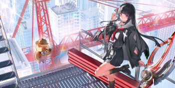  1girl absurdres arm_cutout black_choker black_hair black_jacket black_serafuku black_shirt black_shoes black_skirt black_socks breasts chisa_(wuthering_waves) choker clothing_cutout commentary day hair_ribbon hand_up high_up highres jacket long_hair long_sleeves looking_at_viewer medium_breasts namipon_(wuthering_waves) neckerchief red_eyes red_neckerchief red_ribbon ribbon sailor_collar school_uniform serafuku shirt shoes skirt socks sword weapon white_sailor_collar wuthering_waves yuhezi 