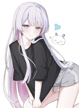  1girl black_shirt blue_eyes blush cho_kaguya-hime! closed_mouth colored_inner_hair commentary_request fushi_(cho_kaguya-hime!) grey_shorts hair_down heart highres looking_at_viewer multicolored_hair onemuikun-b oversized_clothes oversized_shirt pink_hair runami_yachiyo shirt shirt_tug short_shorts shorts smile solo t-shirt white_hair 