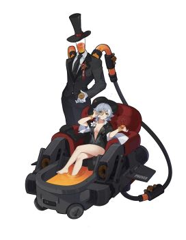  1boy 1girl bad_source bare_legs barefoot black_jacket bracelet breasts car_interior chair cleavage coat collarbone crossed_legs cup eating flower food formal_clothes green_eyes grey_hair hat highres holding holding_food jacket jewelry long_hair looking_at_viewer mechanical_arms medium_breasts monocle motor_vehicle navel necktie no_bra open_clothes original parted_lips shirt short_hair short_sleeves simple_background sitting smile steering_wheel suit top_hat upper_body white_background white_flower white_hair zhiluo_zhiro 
