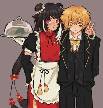  1boy 1girl alternate_costume apron arm_at_side arm_on_another's_shoulder arm_over_shoulder artist_name black_hair black_jacket black_pants black_sleeves black_vest blonde_hair blush bow bowtie china_dress chinese_clothes choppy_bangs cowboy_shot detached_sleeves double_bun dress dress_pants dress_shirt enmaided formal_clothes freckles frilled_sleeves frills gloves gold_trim grey_background hair_between_eyes hair_bow hair_bun hand_up highres holding holding_tray jacket jia_xichun_(project_moon) juliet_sleeves lapels limbus_company long_hair long_sleeves looking_at_viewer maid maid_apron multicolored_hair pants parted_lips pink_eyes project_moon puffy_sleeves purple_vest red_bow red_dress shirt short_sleeves side-by-side side_slit sincla11r sinclair_(project_moon) slit_pupils smile smirk streaked_hair suit_jacket sweatdrop tray twintails undershirt vest waist_apron white_apron white_gloves white_hair white_mouth white_shirt wing_collar yellow_bow yellow_bowtie yellow_eyes 