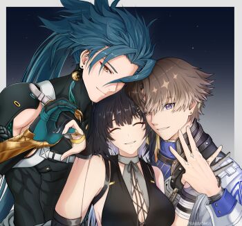  1girl 2boys black_hair blue_shirt coat commentary cross-laced_clothes cross-laced_dress earrings english_commentary eyeliner female_rover_(wuthering_waves) green_hair hair_between_eyes id_card jewelry jiyan_(wuthering_waves) kakkoyakii long_hair makeup mechanical_hands multiple_boys pants red_eyeliner rover_(wuthering_waves) shirt single_mechanical_hand toned toned_male white_coat white_pants wuthering_waves xiangli_yao_(wuthering_waves) yellow_eyes 