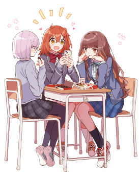  3girls blush brown_eyes brown_hair chair chocolate closed_eyes commentary fate/grand_order fate_(series) food food_in_mouth fujimaru_ritsuka_(female) fujimaru_ritsuka_(female)_(sign_of_spring) full_body glasses heart highres holding holding_chocolate holding_food holding_phone kak_hac kishinami_hakuno_(female) kishinami_hakuno_(female)_(sign_of_spring) long_hair looking_at_phone mash_kyrielight mash_kyrielight_(sign_of_spring) multiple_girls official_alternate_costume on_chair open_mouth orange_eyes orange_hair phone pink_hair pocky pocky_in_mouth school_uniform short_hair side_ponytail sitting smile untranslatable_commentary 