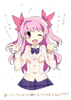  1girl \||/ alternate_hairstyle blazer blush_stickers bow bowtie breasts chaos;head collared_shirt flying_sweatdrops hair_ribbon hands_up heart jacket long_hair long_sleeves looking_at_viewer mamimu_(ma-mi-mu.me) medium_breasts one_eye_closed open_mouth pink_eyes pink_hair plaid_bow plaid_bowtie plaid_clothes plaid_skirt pleated_skirt purple_bow purple_bowtie purple_skirt red_ribbon ribbon sakihata_rimi school_uniform science_adventure shirt simple_background skirt smile solo two_side_up v-shaped_eyebrows white_background 