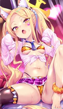  1girl alternate_costume amesuku_gyaru animal_ears animal_print blonde_hair blue_archive breasts commentary_request gyaru halo highres kogal long_hair navel necktie open_mouth paid_reward_available seia_(blue_archive) small_breasts solo swimsuit thighhighs toraishi_666 