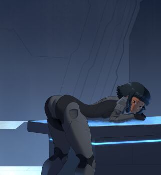  absurdres arianne_(artist) armor bent_over bent_over_furniture bodysuit captured commission defeat desk halo_(game) halo_(series) helpless highres humiliation mia-b013 military military_uniform native_american nervous on_desk punishment scared sitting spartan_(halo) spoils spoils tight_clothes yuri 