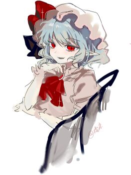  1girl ascot bat_wings blue_hair brooch chinese_commentary commentary_request fangs hair_between_eyes hat hat_ribbon highres jewelry looking_at_viewer mob_cap open_mouth pink_hat pink_shirt pointy_ears puffy_short_sleeves puffy_sleeves red_ascot red_eyes red_ribbon remilia_scarlet ribbon seiryo0425 shirt short_hair short_sleeves signature simple_background smile solo touhou white_background wings wrist_cuffs 