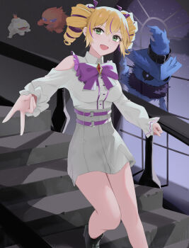  1girl absurdres bare_shoulders black_boots blonde_hair boots breasts chinese_commentary commentary digimon digimon_(creature) digimon_card_game digimon_liberator drill_hair evolutionary_line ghost ghostmon green_eyes grey_skirt highres large_breasts looking_at_viewer mianbaoren mokumon multicolored_hair petimeramon purple_hair shirt skirt stairs twin_drills two-tone_hair v violet_inboots walking white_shirt 