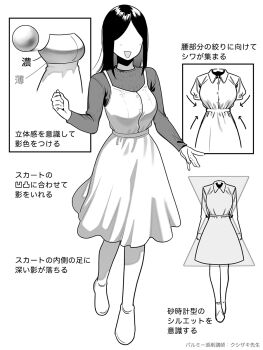  1girl breasts commentary_request dress greyscale guide highres how_to long_sleeves monochrome open_mouth original palmie_oekaki 