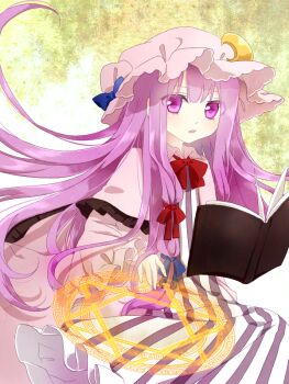  1girl blue_bow book bow bowtie capelet commentary_request crescent crescent_hat_ornament dress hair_bow hat hat_ornament long_hair long_sleeves looking_at_viewer magic magic_circle mob_cap open_book open_mouth patchouli_knowledge pink_capelet pink_dress pink_hat purple_eyes purple_hair red_bow red_bowtie solo striped_clothes striped_dress touhou tsuno_no_hito vertical-striped_clothes vertical-striped_dress very_long_hair wide_sleeves 