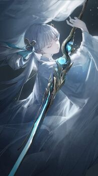  1girl absurdres aqua_ribbon chinese_clothes closed_mouth colored_eyelashes commentary earrings expressionless grey_theme hair_ribbon hanfu highres holding holding_sword holding_weapon jewelry jinhsi_(wuthering_waves) mole mole_on_cheek reverse_grip ribbon secretfj520 solo sword weapon white_eyelashes white_hair white_hanfu wide_sleeves wuthering_waves 