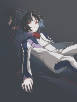  2boys alvis_uniform ascot black_background black_coat black_hair coat collared_jacket commentary_request dual_persona jacket looking_at_viewer makabe_kazuki male_focus multiple_boys nagi_(exsit00) open_clothes open_jacket pants red_ascot red_eyes simple_background soukyuu_no_fafner time_paradox vest white_pants white_vest yellow_eyes 