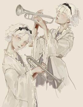  1other alternate_color androgynous black_hairband closed_eyes commentary cropped_torso english_commentary frilled_jacket frilled_sleeves frills fujiwara_no_mokou fujiwara_no_mokou_(young) grey_background grey_eyes grey_kimono hair_rollers hairband haori hatsburg highres holding holding_instrument holding_trumpet instrument jacket japanese_clothes kimono len'en light_blush long_sleeves looking_at_viewer multiple_views music nostrils open_mouth other_focus playing_instrument realistic short_hair simple_background smile teeth trumpet upper_teeth_only white_hair white_jacket wide_sleeves zuifeng_tenkai 