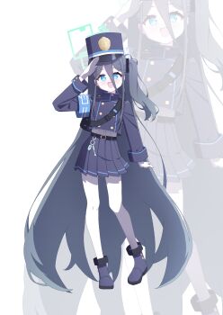  1girl 525_woiwo absurdres aqua_halo aris_(blue_archive) armband belt black_belt black_boots black_hair black_skirt blue_archive blue_armband blue_eyes boots commentary_request contrapposto cosplay gloves hair_between_eyes halo highres hikari_(blue_archive) hikari_(blue_archive)_(cosplay) long_hair long_hair_between_eyes long_sleeves looking_at_viewer one_side_up open_mouth pantyhose pleated_skirt rectangular_halo salute skirt solo standing train_conductor very_long_hair white_gloves white_pantyhose zoom_layer 