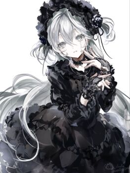  1girl black_choker black_dress black_flower black_rose bridal_gauntlets choker cross dress facial_mark flower frilled_dress frills gothic_lolita grey_eyes grey_hair hair_between_eyes hands_up highres jewelry lolita_fashion long_hair long_sleeves looking_at_viewer necklace original parted_lips rose simple_background solo toqha3247 two_side_up very_long_hair white_background white_hair 