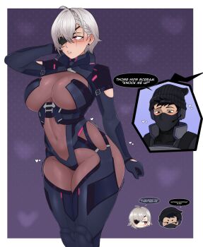  1boy 1girl absurdres ahoge blush bodysuit braid breasts commentary covered_navel earrings english_commentary escriba eyepatch gloves grey_bodysuit grey_hair highres impossible_bodysuit impossible_clothes indie_virtual_youtuber jewelry large_breasts legs_together looking_at_viewer red_eyes saruei_(vtuber) scar scar_across_eye scar_on_face shiny_clothes virtual_youtuber 