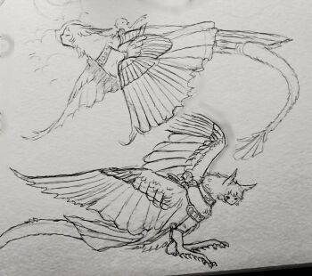  closed_eyes commentary creature creature_focus dragon english_commentary feathered_wings feathers flying fraid harness highres human_head jejejunum monster nethermare original pen_(medium) riding saddle secret_(jejejunum) sketch tail traditional_harpy traditional_media whisper_(jejejunum) wings 